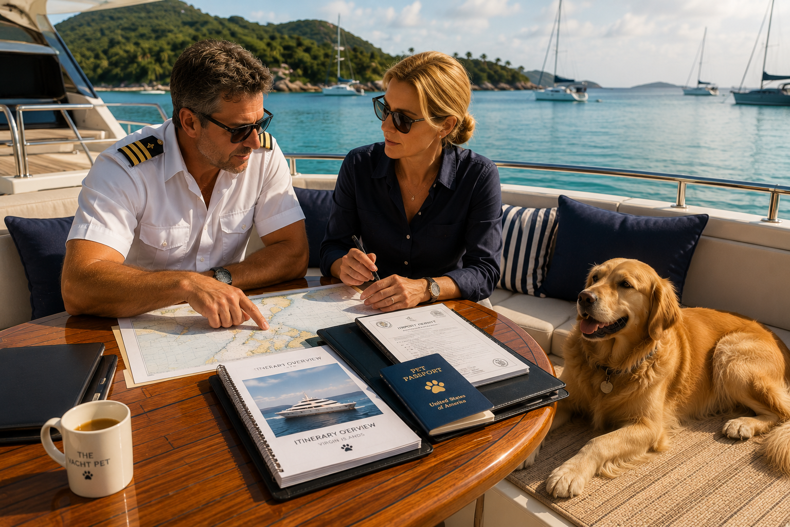 Yacht owner and captain reviewing a voyage itinerary with a relaxed dog nearby